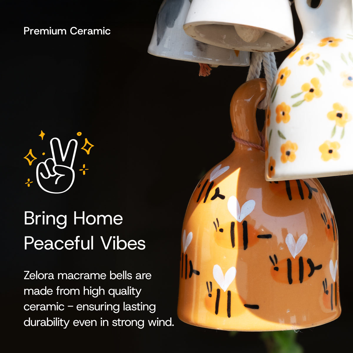 Decorative ceramic bells with floral patterns on a black background, featuring text about Zelora macrame bells.