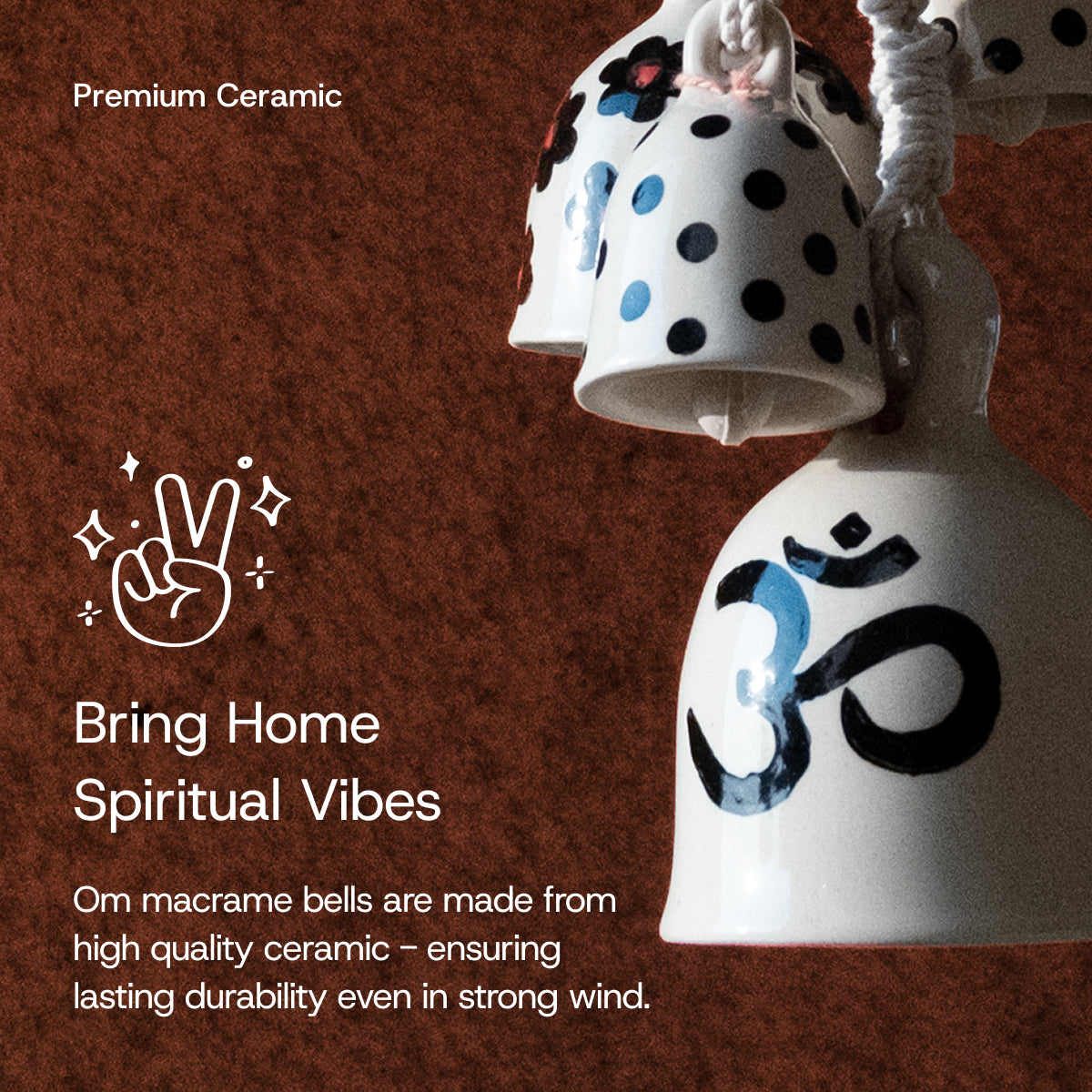 Decorative ceramic bells with Om symbol on a brown background
