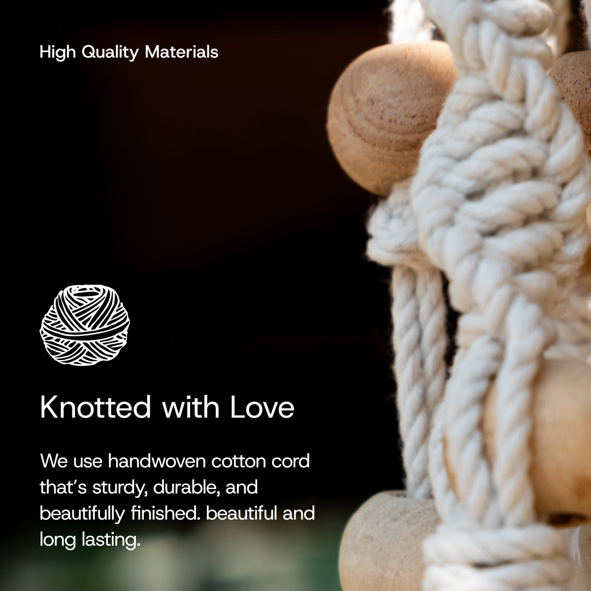 Close-up of knotted cotton cord with text about high-quality materials and handwoven cotton.