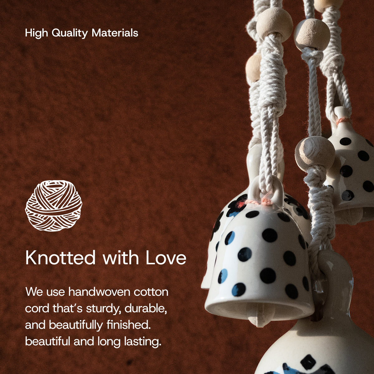 Decorative hanging with polka dot design on a brown background, featuring text about high-quality materials and handwoven cotton cord.