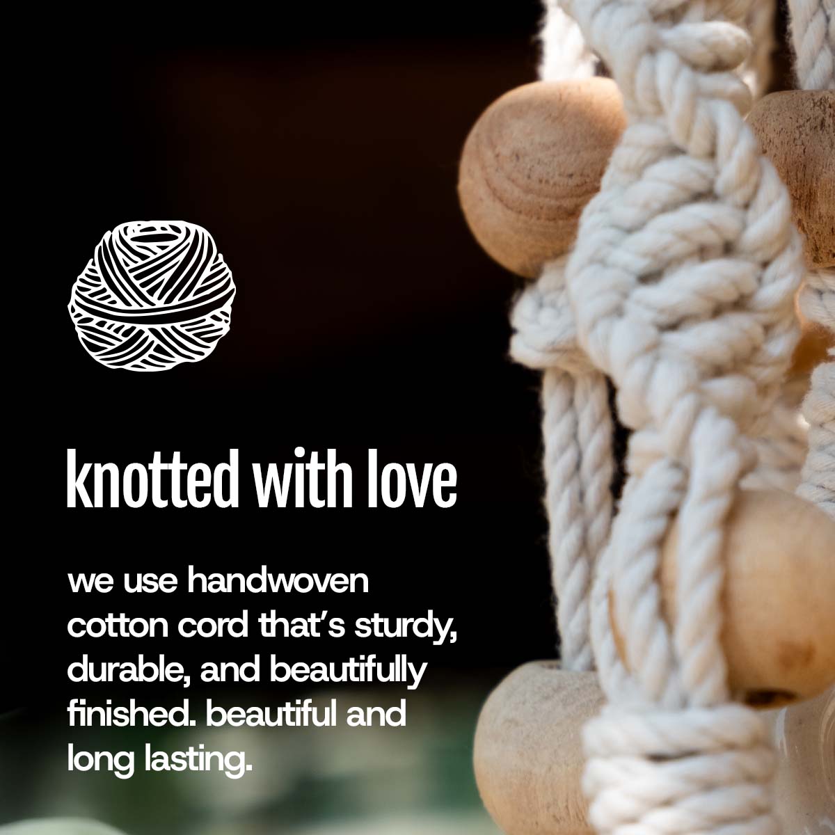 Macrame wall hanging with text 'knotted with love' and description of handwoven cotton cord.