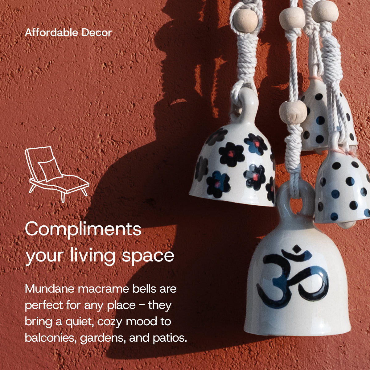 Macrame hanging bells made of ceramic in white with floral patterns, polka dots, and an Om motif—ideal for balconies, gardens, patios, and home decor.