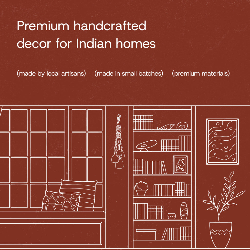 Advertisement for premium handcrafted decor for Indian homes with a red background and white line art.